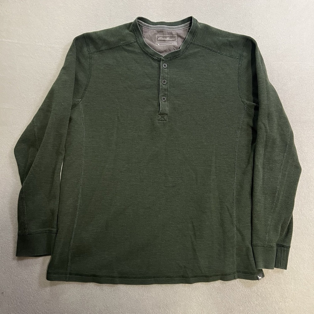 Eddie Bauer Thermal Henley Shirt Mens Size XLT Green Long Sleeve Waffle Knit Tee